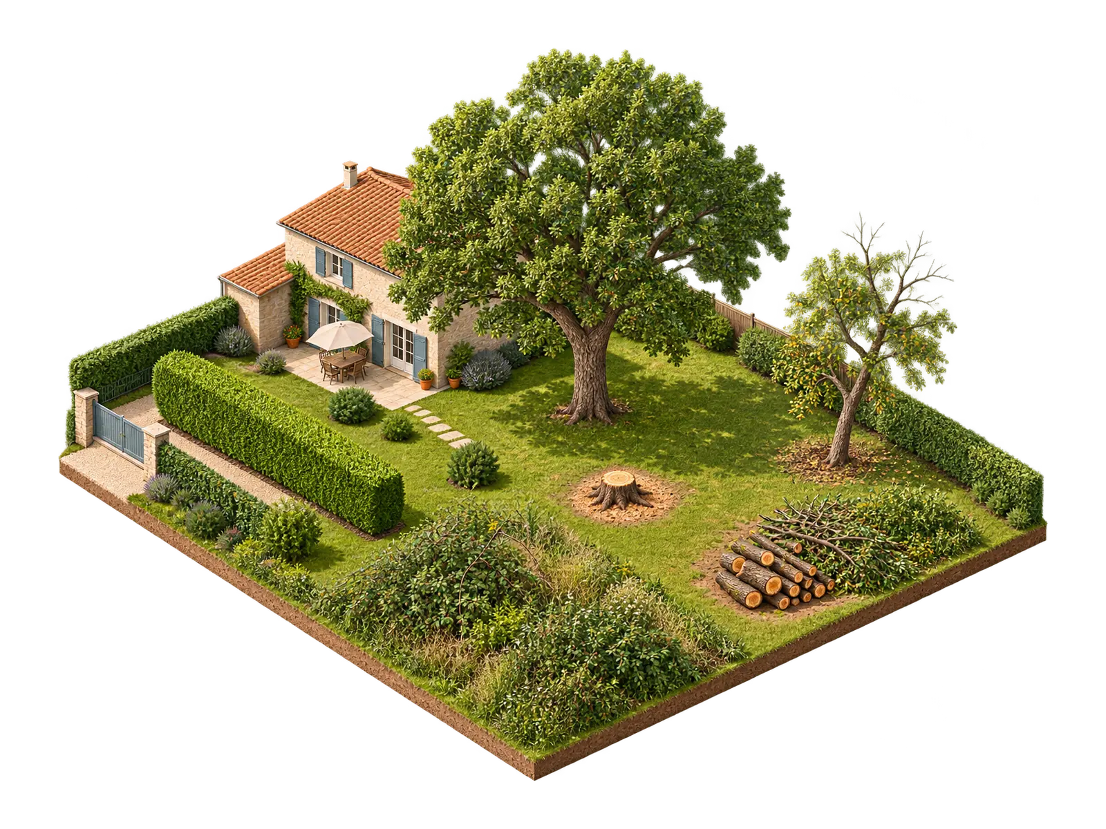 Vue isométrique d'un jardin avec deux arbres, une haie, une souche, des broussailles et des branches à évacuer